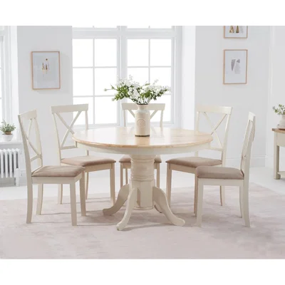 Oak&More Epsom 120cm Cream Round Pedestal Table with Epsom Chairs with Cream Fabric Seats - Cream, 4 Chairs