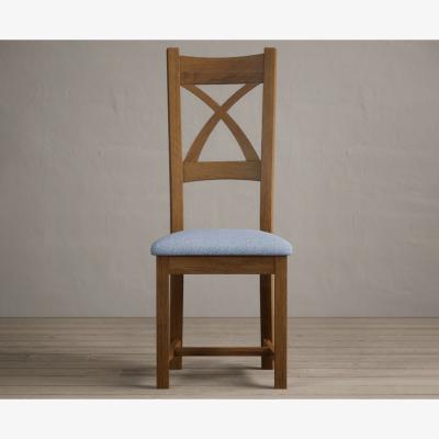 Oak&More Rustic Solid Oak X Back Dining Chairs with Sky Blue Fabric Seat Pad
