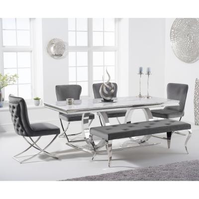 Oak&More Harlow 180cm Marble Dining Table with Giovanni Velvet Chairs and Fitzrovia Bench - Blue, 2 Chairs