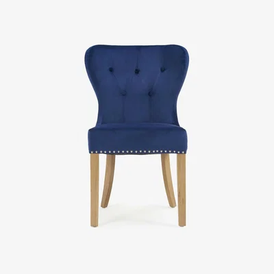 Oak&More Ex-display Set of TWO Knightsbridge Studded Blue Velvet Oak Leg Dining Chairs