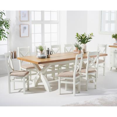 Oak&More Eden Oak and White 180cm Butterfly Extending Table with Cross Back Dining Chairs with Fabric Seats - Oak and White, 6 Chairs