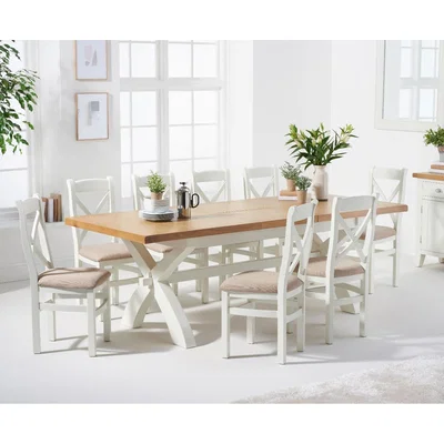 Oak&More Eden Oak and White 180cm Butterfly Extending Table with Cross Back Dining Chairs with Fabric Seats - Oak and White, 6 Chairs