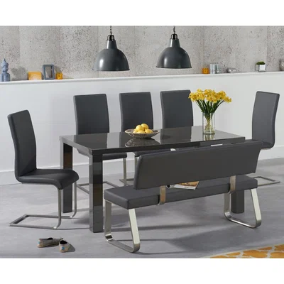 Oak&More Atlanta 160cm Dark Grey High Gloss Dining Table with Malaga Chairs and Malaga Grey Bench