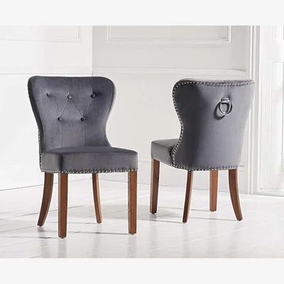 Oak&More Kewswick Studded Grey Velvet Dark Oak Leg Dining Chairs