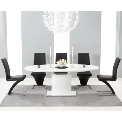 Oak&More Santana 160cm White High Gloss Extending Pedestal Dining Table with Hampstead Z Chairs