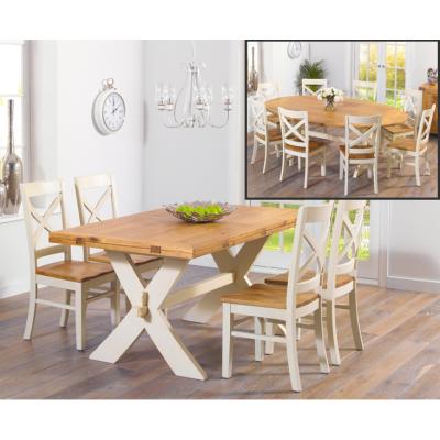Oak&More Bordeaux 165cm Oak and Cream All Sides Extending Table with Cavendish Chairs - Cream, 4 Chairs