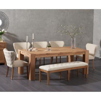 Oak&More Madrid 200cm Solid Oak Dining Table with Isobel Fabric Chairs and Camille Cream Fabric Bench - Grey, 2 Chairs