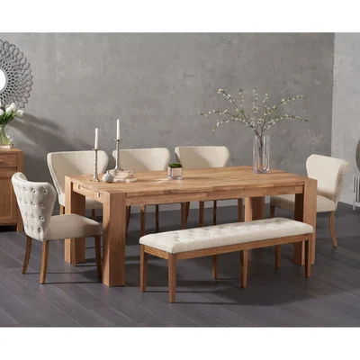 Oak&More Madrid 200cm Solid Oak Dining Table with Isobel Fabric Chairs and Camille Cream Fabric Bench - Grey, 2 Chairs