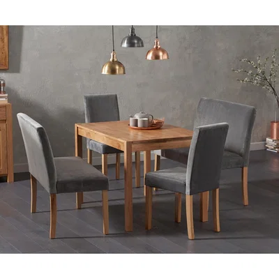 Oak&More Oxford 120cm Solid Oak Dining Table with Mia Grey Velvet Benches with Backs and Mia Velvet Chairs - Grey, 2 Chairs