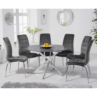 Oak&More Carter 120cm Round Grey Marble Table with Calgary Velvet Chairs - Blue, 4 Chairs