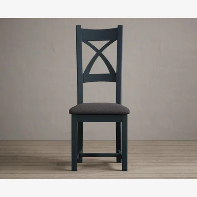 Oak&More Painted Dark Blue X Back Dining Chairs with Charcoal Grey Fabric Seat Pad
