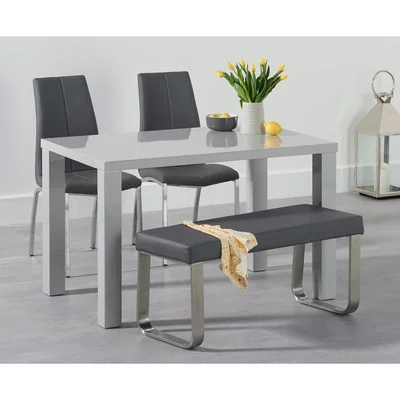 Oak&More Atlanta 120cm Light Grey High Gloss Dining Table with Cavello Chairs and Atlanta Grey Bench - Ivory, 2 Chairs