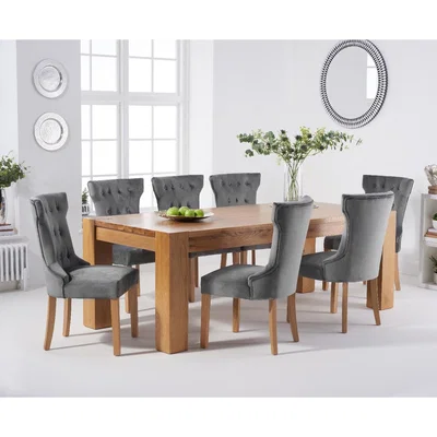 Oak&More Thames 220cm Oak Dining Table with Camille Velvet Chairs - Green, 6 Chairs