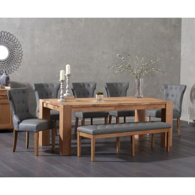 Oak&More Madrid 200cm Solid Oak Table with Camille Faux Leather Chairs and Camille Faux Leather Bench - Grey, 2 Chairs