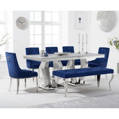 Oak&More Viscount 180cm Marble Dining Table with Talia Velvet Chairs and Blue Fitzrovia Bench - Blue, 2 Chairs