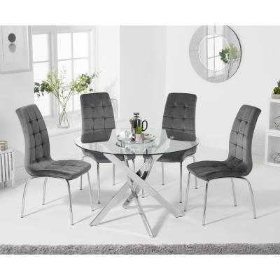 Oak&More Denver 110cm Glass Dining Table with Calgary Velvet Chairs - Grey, 4 Chairs