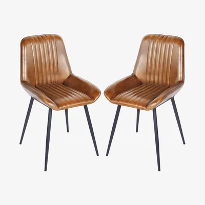 Olivia's Libra Interiors Pair of Pembroke Leather Dining Chairs in Cognac