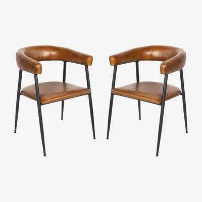 Olivia's Libra Interiors Pair of Churchill Leather Dining Chairs in Cognac