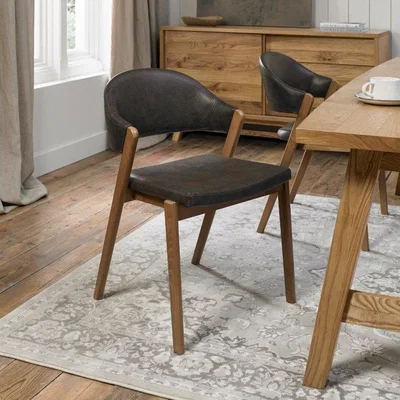 Downtown Brandon Rustic Oak Upholstered Chair Pair - Old West Vintage Bonded Leather In Black/Oak