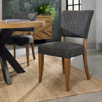 Downtown Winnipeg Rustic Oak Dining Chair Pair With Diamond Stitched Seat/Back - Dark Grey Fabric