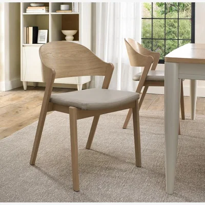 Downtown Delta Scandi Oak Ply Back Dining Chair - Ivory Bonded Leather Pair