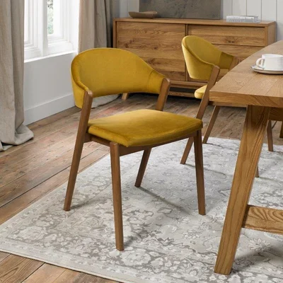 Downtown Brandon Rustic Oak Upholstered Chair Pair - Mustard Velvet In Yellow/Oak
