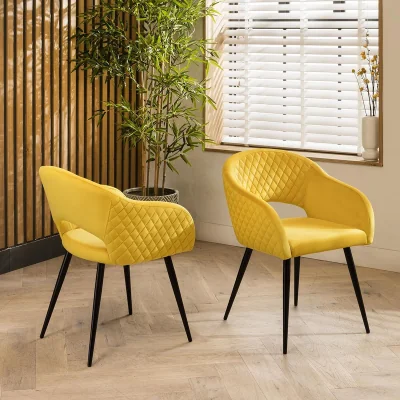 Quatropi Set of 2 Modern Carver Velvet Dining Chairs with Arms Yellow Fabric