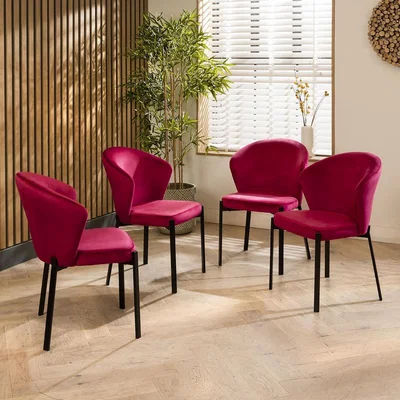 Quatropi Set of 4 Contemporary Velvet Dining Chairs Berry Red Fabric Black Legs