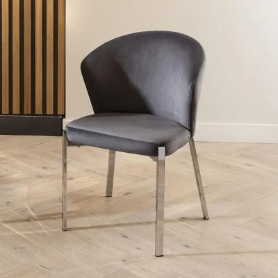 Quatropi Set of 2 Contemporary Velvet Dining Chairs Grey Fabric Chrome Legs