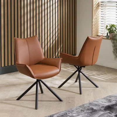 Quatropi Set of 2 Modern Faux Leather Swivel Dining Chairs with Arms Brown Tan