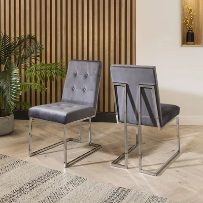 Quatropi Quatropi Dining Chair Set of 2 Grey Velvet Tufted on Chrome Legs