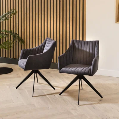 Quatropi Set of 2 Modern Carver Dining Chairs with Arms Grey Fabric Swivel Base