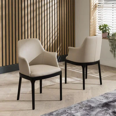 Quatropi Set of 2 Modern Carver Dining Chairs Luxury Beige Leather Wood Legs