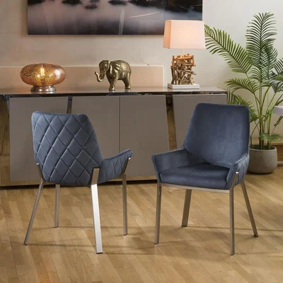 Quatropi Set of 2 Modern Carver Dining Chairs with Arms Metal Legs Blue Fabric