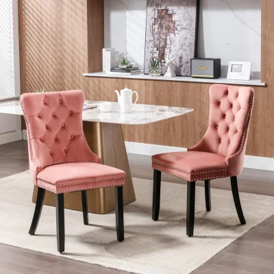 The Range Romsey Set of 2 Velvet Upholstered Dining Chairs with Oak Legs and Knocker Ring Back - Pink