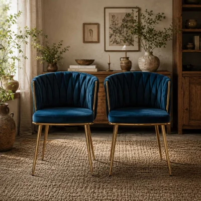 The Range Sosura Set of 2 Dark Blue Velvet-Feel Dining Chairs with Woven Back and Arms
