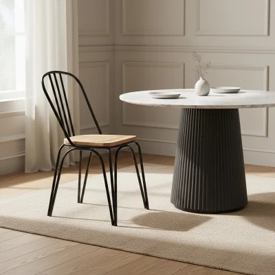 The Range District Dining Chair Elm Wood Seat With Black Finish Metal Frame - Black