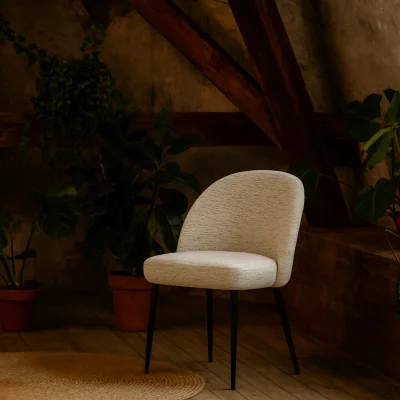 The Range Montsoreau Upholstered Dining Chair - Curved White Fabric, Black Metal Legs - White