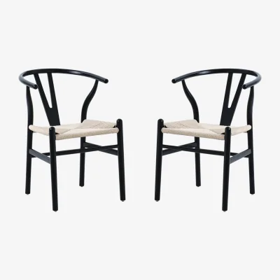 The Range Set of 2 Dining Chair, Ash Solid Wood Y Chair, Dining Room Chair with Rattan - Black