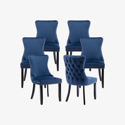 The Range Set of 6 Sierra Wing Back Velvet Tufted Dining Chairs with Oak Wood Legs - Blue