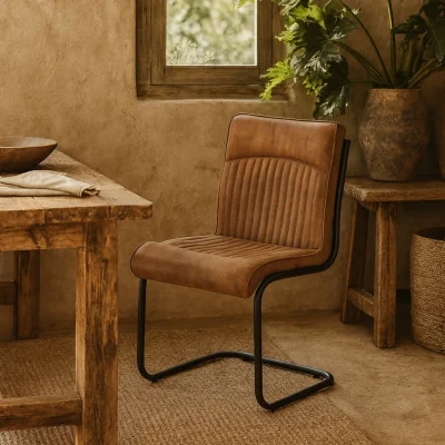 The Range Germain Tan Ribbed Faux-Leather Cantilever Dining Chair - Brown