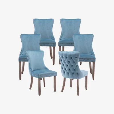 The Range Set of 6 Sierra Wing Back Velvet Tufted Dining Chairs with Oak Wood Legs - Light Blue
