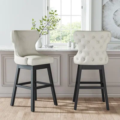 The Range 2PCS Upholstered Fabric Dining Chair High Back Buttoned Bar Stool - Beige Yellow