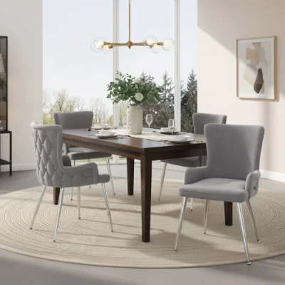 The Range Velvet Dining Chair, Luxurious Lounge Chair with Four Silver-Coloured Metal Legs, Grey, Set of 4 - Grey