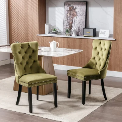 The Range Romsey Set of 2 Velvet Upholstered Dining Chairs with Oak Legs and Knocker Ring Back - Olive Green