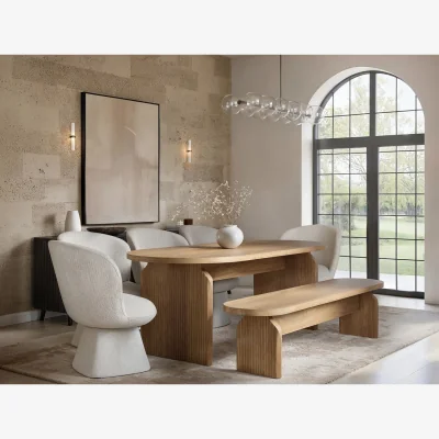 The Range Varm Wooden Ribbed Dining Table with Bench & 5 Aiko Chairs Set - Brown + Cream
