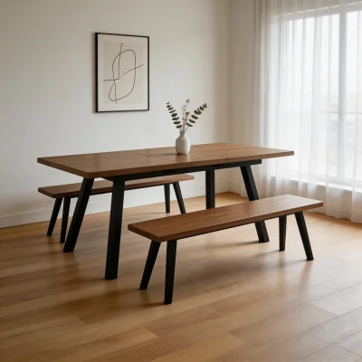 The Range Extendable Dining Table with Benches  Chairs - Bright Brown / 140cm
