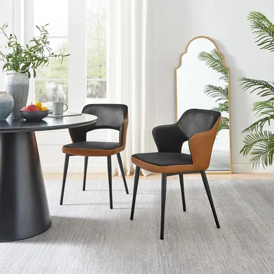 The Range Kai 2 Sets of Black Velvet Tan Faux Leather Leg Dining Chair - Black & Tan