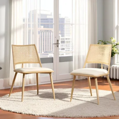 The Range Dining Chairs Set of 2 Mid-Century Kitchen Chair w Rattan Backrest Upholstered - Yellow