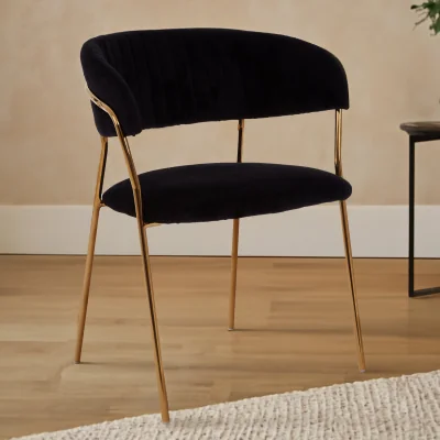 The Range Tamzin Black Velvet Channel Tufted Dining Chair with Gold Finish Legs - Black, Gold